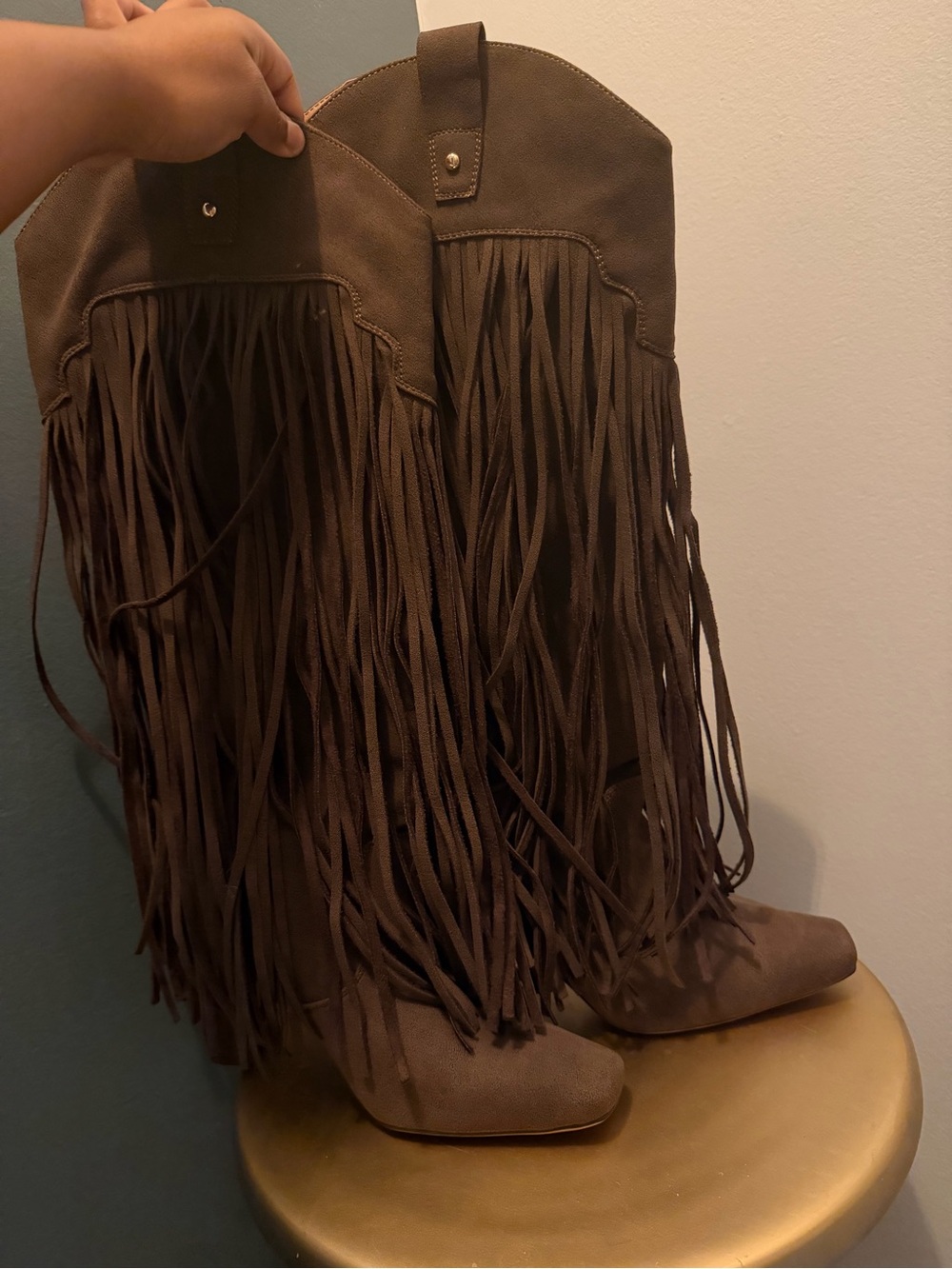 Fringe Knee-High Boots in Brown